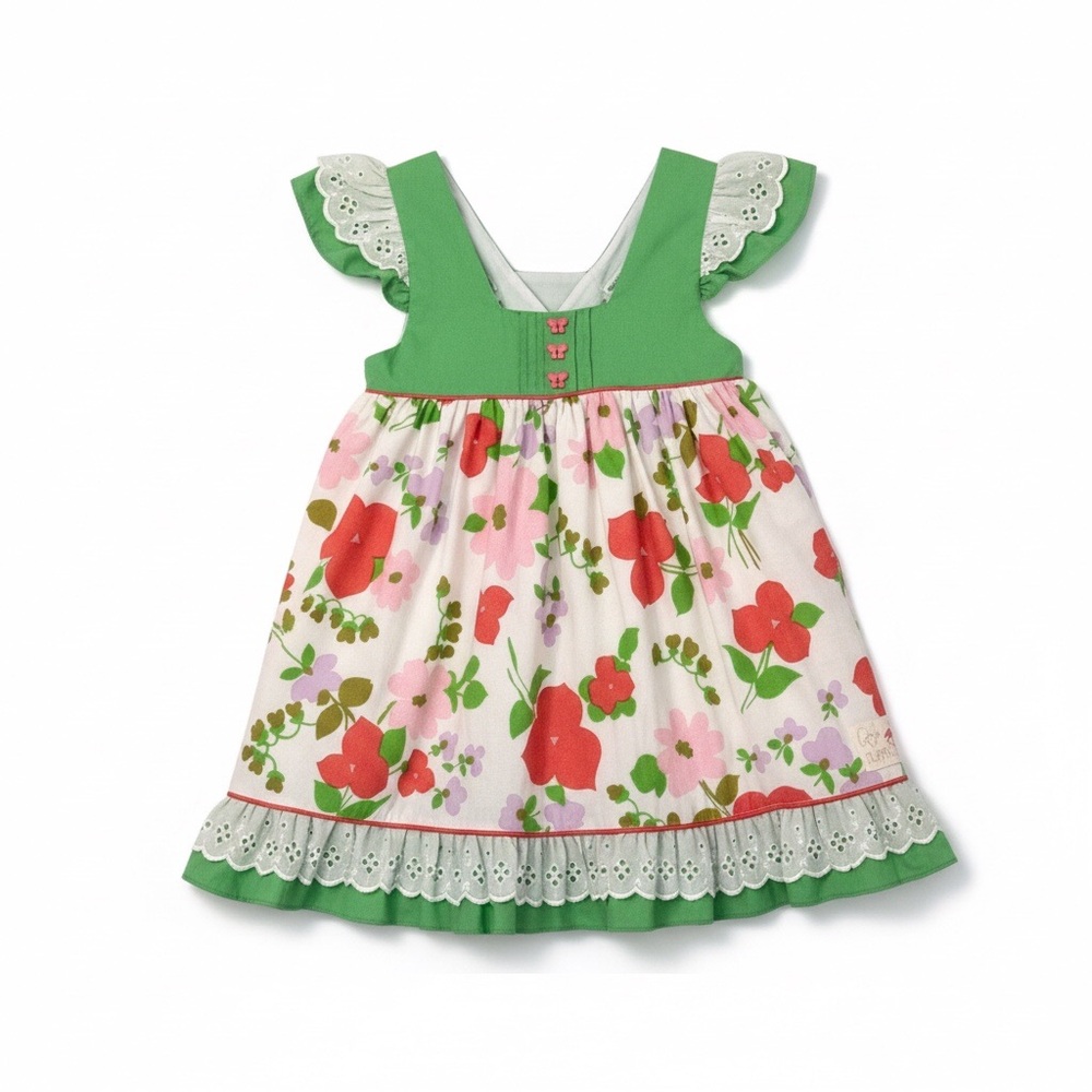 Rosa Flamengo Girl’s Floral Dress W/Eyelet Sleeves/Hem Handmade NWT - Picture 3 of 10